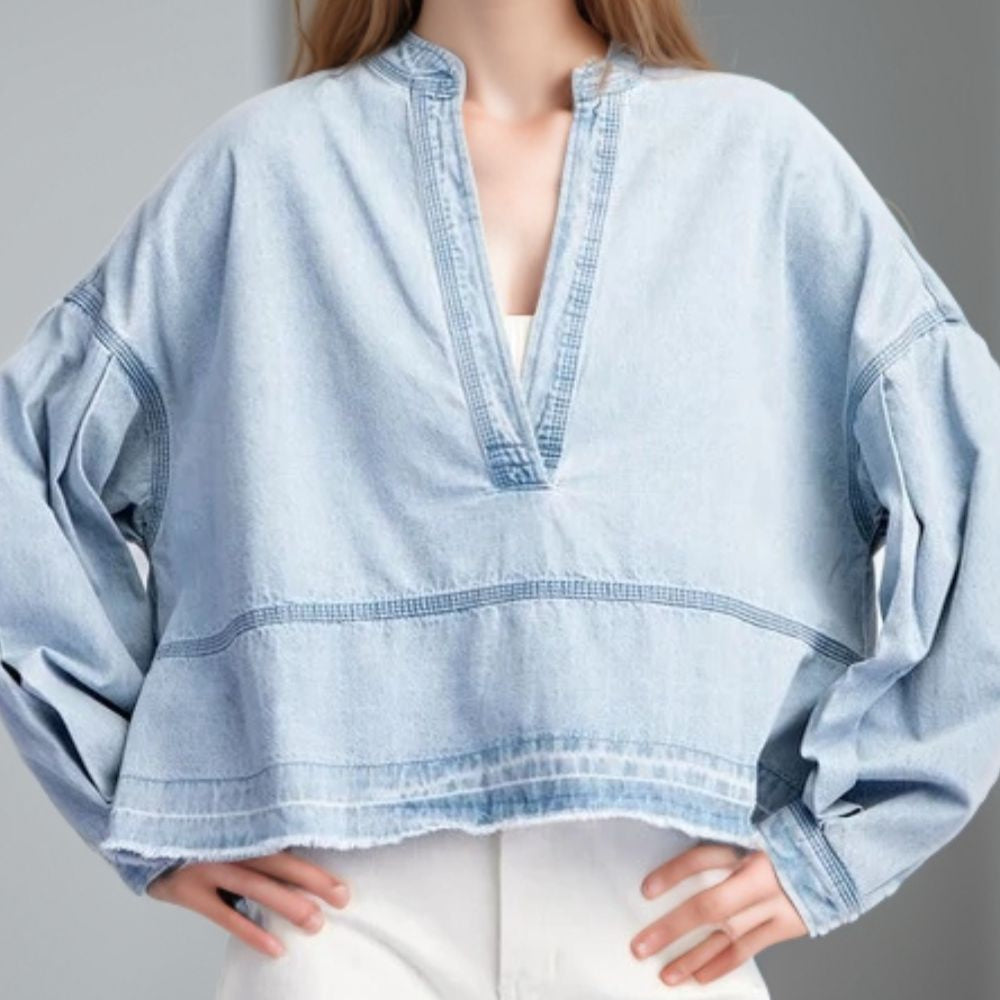 Slit Raw Hem Notched Denim Top