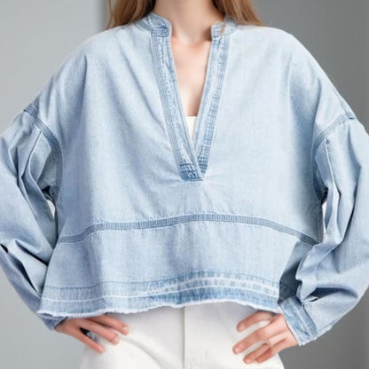 Slit Raw Hem Notched Denim Top